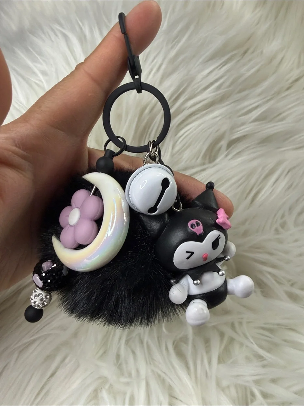 Kuromi Cute Black Pom Pom Keychain with Moon & Character Charm